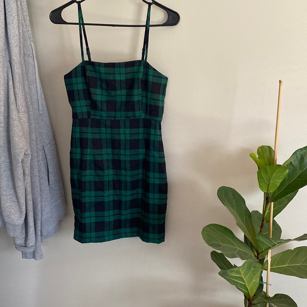 Navy & green plaid mini dress